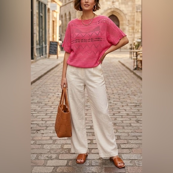 Jon & Anna New York Pink Chevron Crochet Knit Short Sleeve Top Lightweight S/M - Picture 8 of 8